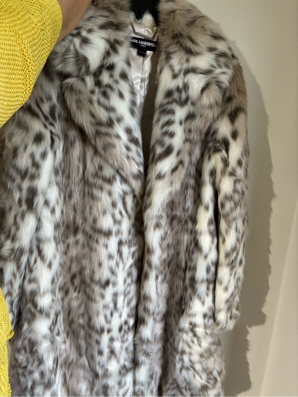 Karl Lagerfeld Faux Fur Long Peacoat in White and Brown Spotted